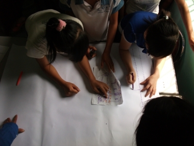 Un momento di condivisione dei luoghi vissuti dalla comunit&agrave; locale nella Foresta di Tay Yen Tu in Vietnam | Disegnare a pi&ugrave; mani una mappa &egrave; progettare insieme lo sviluppo territoriale che vorremmo
